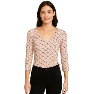 The Limited Stretch Pink Geometric V-Neck Top XS 3/4 Sleeve